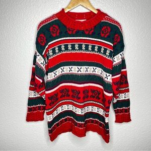 Vintage Festive Knit Sweater Red Green‎ Nordic Holiday Pattern Express Tricot L